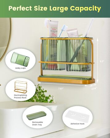 KONE Toothbrush Holder, Wall Mount, Bathroom, Hanging Electric Toothbrush Holder with 2 Removable Compartments, Drainage, Dry and Wet Separation for Bathroom, Kitchen, Family (White) (Gold)