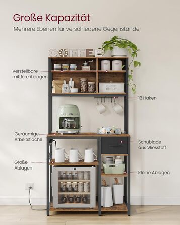 Стелаж кухонний VASAGLE з розетками, 40 x 100 x 180,4 см, з полицями, ящиком з тканини, 12 гачками, антрацитовий + чорний, KKS027B02