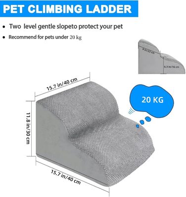 LIANTRAL Dog Stairs, 3 Steps Dog Stairs for Bed and Sofa made of High-Density Sponge, Cat Stairs Dog Ramp with Removable, Washable Cover and Pet Hair Remover Roller, 40 cm High (2 Steps Grey)