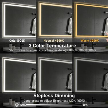 Дзеркало для ванної кімнати 50x70 см з LED-підсвічуванням, антизапарник, диммер, 3 кольори світла, Bluetooth