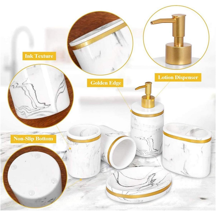 Набір аксесуарів для ванної кімнати 5 шт. з імітацією мармуру (білий + золото/чорний), включає: дозатор мила, стакан для зубної щітки, мильниця, тримач для зубних щіток, набір для ванної кімнати