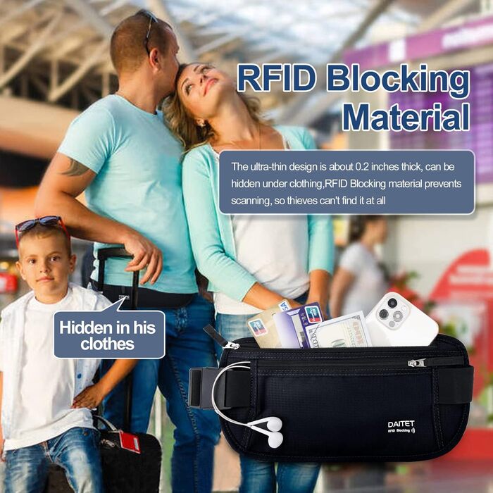 RFID-захисний пояс-сумка для грошей для чоловіків та жінок, чорний, ширина пояса 3.7 см