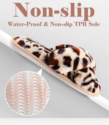 Тапочки халатні жіночі Ankis з плюшу, з перехресними ремінцями, зимові, теплі, з пам'яттю ефекту, з відкритим носком, пухнасті, для дому та вулиці (білі, чорні, сірі, верблюжі), розмір 38/39 EU, з принтом леопарда