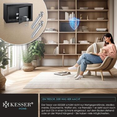 Сейф KESSER для меблів з двобортним замком, чорний, 30x20x20 см, з 2 ключами та кріпленням