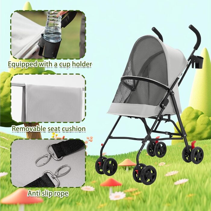 Візок для собак Homewell 2в1: візок-будка, сумка-переноска, з підсклянниками та захистом від дощу, з гальмом, сірий