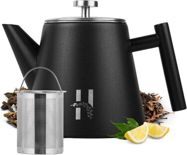 Hanamura Thermo Teapot with Infuser - Stainless Steel Teapot, Double-Walled and with Strainer - 1L - Black Metal Teapot - Insulated Thermos Modern Design