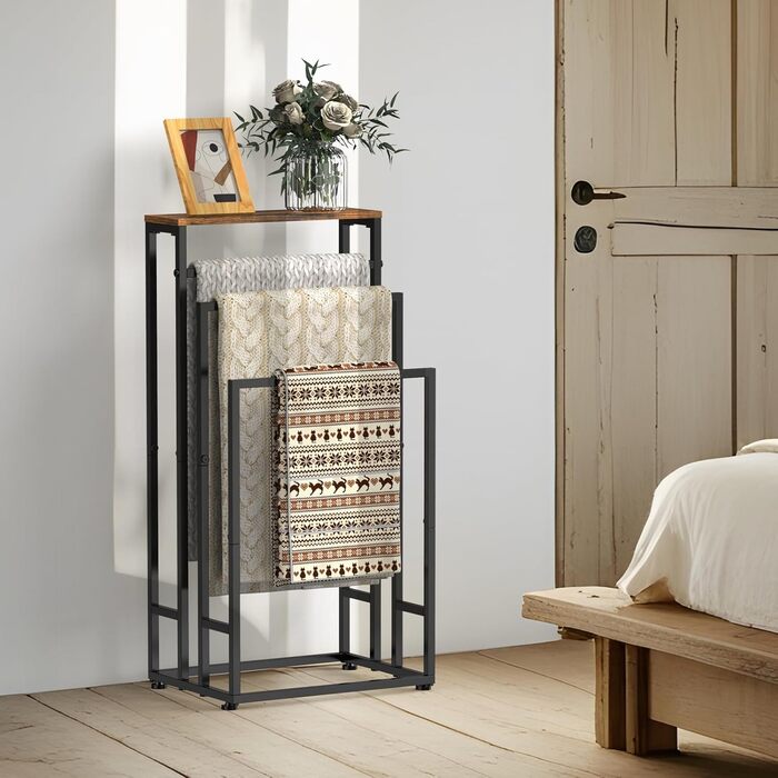 Підставка для рушників стояча, 3-ярусна з полицею з дерева, металева, з регульованими ніжками, для ванної кімнати та спальні, 40x30x82 см (колір: коричневий)