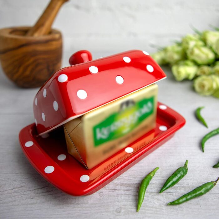 City to Cottage - Butterdose Keramik | Red and White | Polka Dots | Handmade | 250 gram ceramic butter dish with lid