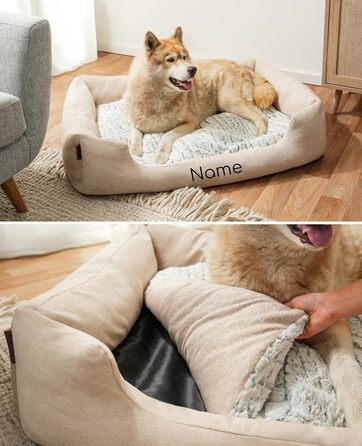 Lionto Dog Basket with Fluffy Reversible Cushion, Cozy Pet Bed in Heathered Design with Deep Entry for Dogs & Cats of All Sizes, 80x60 cm, Soft Dog Bed, (Beige, L 110 x W 80 x H 28 cm (with name tag))