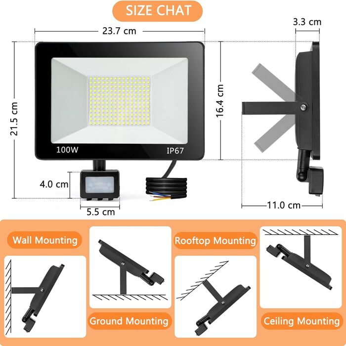 LED Floodlights with Motion Sensor Outdoor 50W 2 Pack, 5000LM LED Floodlights with Motion Sensor Outdoor, 6500K Outdoor Lamp Outdoor Floodlight, IP67 Waterproof Spotlight Outdoor for Warehouse Garden Garage (100W-2PC)