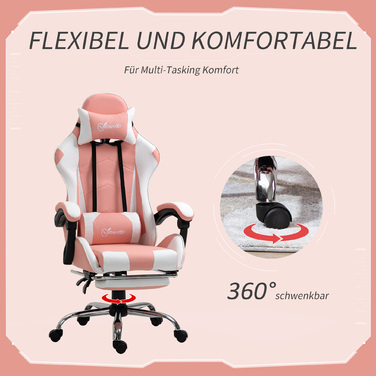 Vinsetto Gaming Chair, Computer Chair, Ergonomic Office Chair with Headrest and Lumbar Pillow, Height Adjustable, 360° Swivel, Pink+White | Aosom