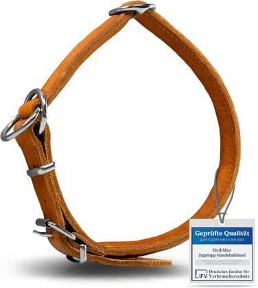 Rund & Weich - Dog Collar with Stop Feature - Size L - 55cm with Adjustable Buckle and Integrated Stable Core, Leather Collar with Pull Limiter, Gentle on Fur Pull Stopper, Cowhide Leather (55 L, Cognac)