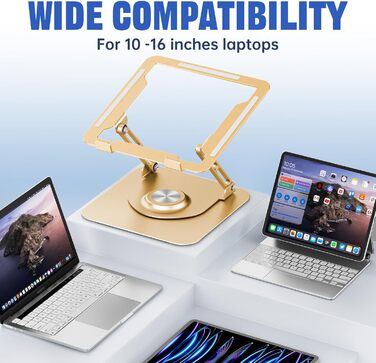 Adjustable Laptop Stand for Desk - 360° Rotating Base, Foldable & Portable - Fits 10-17 Inch Laptops (Gold)