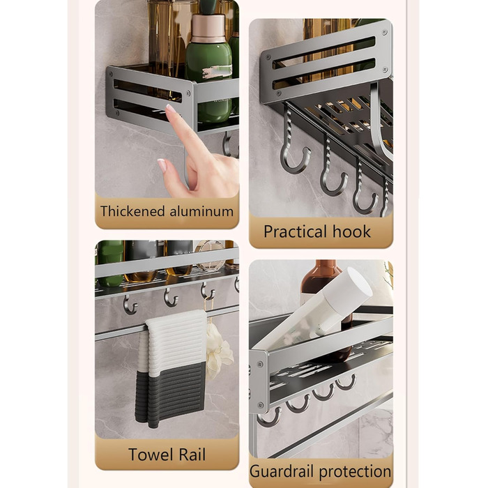 Настінна полиця для душу без свердління, сірий колір, 40x40 см. Організатор для ванної кімнати з великою місткістю та гачками