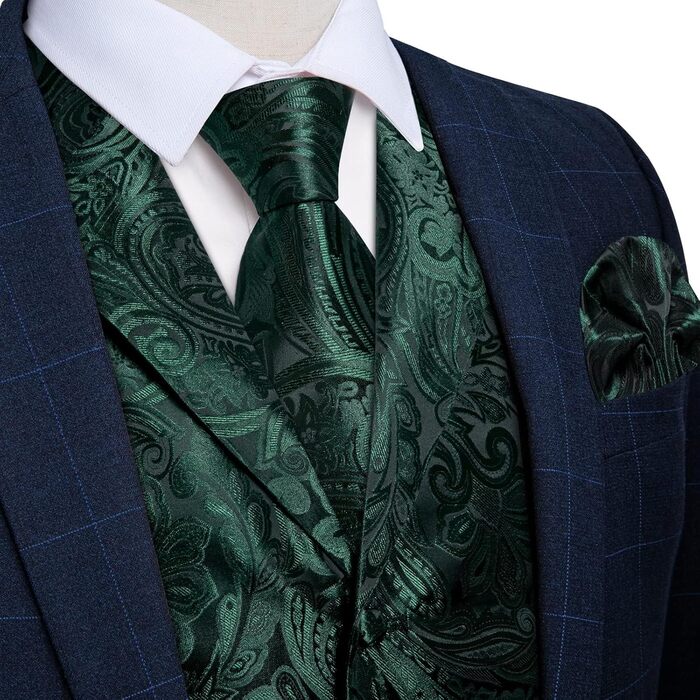 Костюмний комплект DiBanGu: жилет, краватка, нагрудна хустка, запонки, лапєль-кліп (7 предметів) з паєчним візерунком, смарагдовий колір, XL