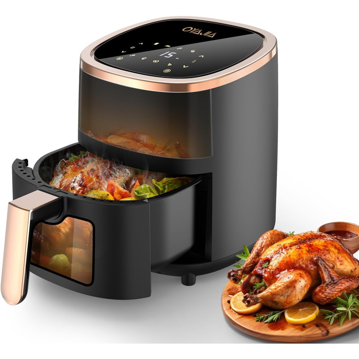 Фритюрниця повітряна 6L з 8 програмами, Rapid Air, сенсорний екран, вікно, 200°C, 1200W, для миття в посудомийній машині, без олії, гриль, випічка, запікання (Білий) (Чорний)