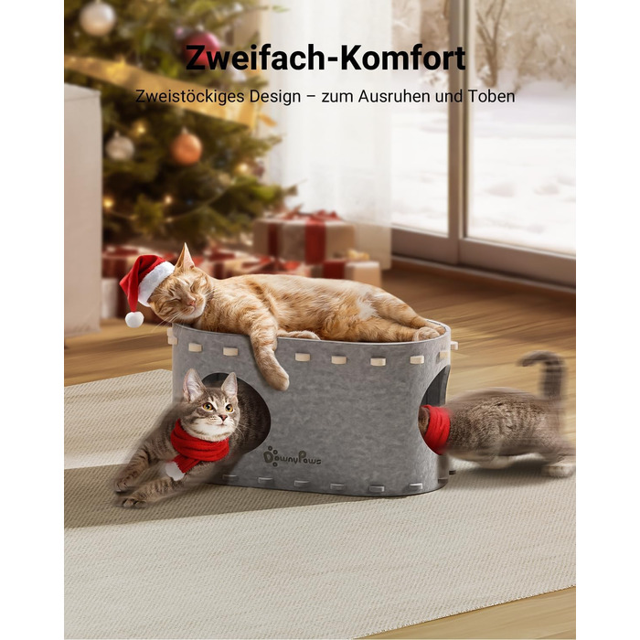 Будиночок для котів з фетру, лежанка для котів, будиночок-печеричка, 58 x 33 x 30 см, ігровий, зимовий, захист кігтів, сірий (один)