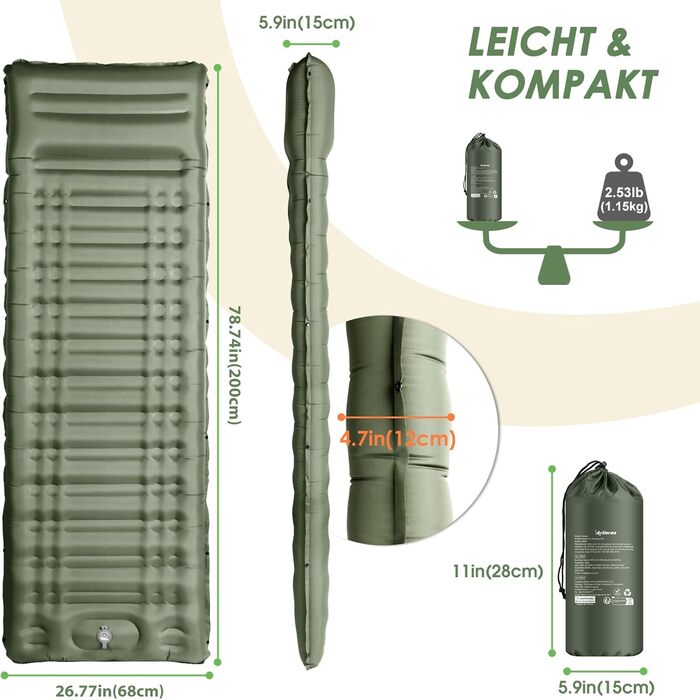 Arlierss Self-Inflating Camping Sleeping Pad with Foot Pump & Pillow - 12cm Thick, Ripstop, Portable, Outdoor, Hiking, Travel, Beach - Army Green