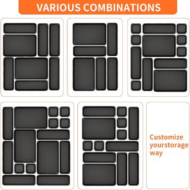 45 Piece Drawer Organizer Set for Office with 3 Sizes, Vanity Makeup Organizer Drawer, Storage Desk Organizer Drawer System for Kitchen, Bedroom, Bathroom, Office, Grey (4 - Sizes, Black (25 Pieces))