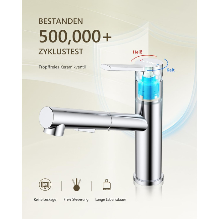 Змішувач кухонний DAYONE з висувною лійкою, нержавіюча сталь, 3 режими, 360° обертання, для кухонної мийки (15 см), матовий (хром, низький вигин-337)