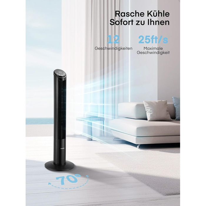 FOHERE Вентилятор Тур - Безшумний, 102 см, з пультом, 4 режими, 12 швидкостей, таймер 12 год, швидкість 7,6 м/с, для дому, спальні, офісу, чорний