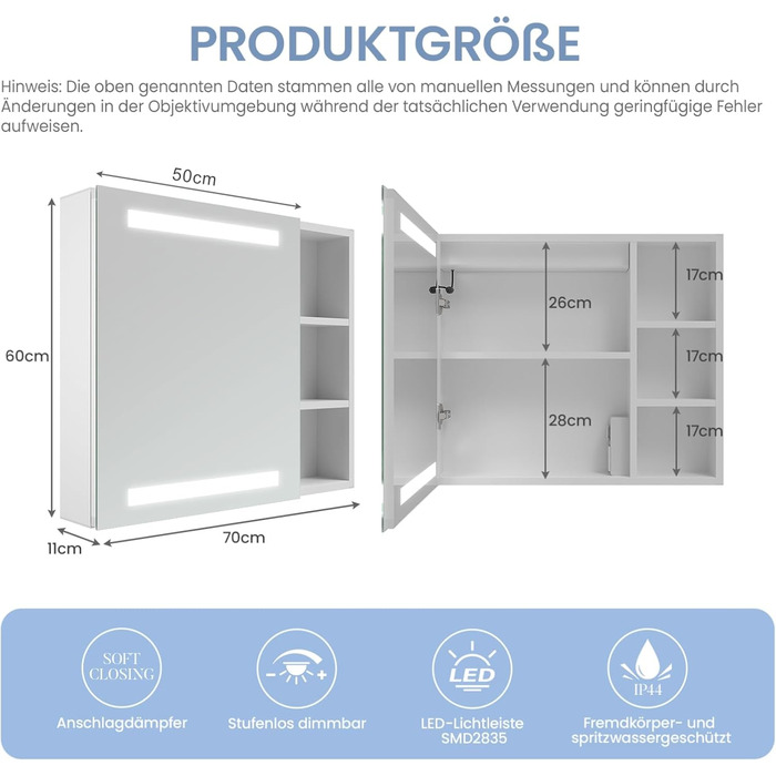 Дзеркальна шафка для ванної кімнати AQUABATOS з розеткою, підсвічуванням LED, 50x70 см. Шафка для ванної кімнати з дзеркалом, інфрачервоний сенсор, регулювання яскравості, протизапітніння, холодний білий колір світла (Тип 07L)