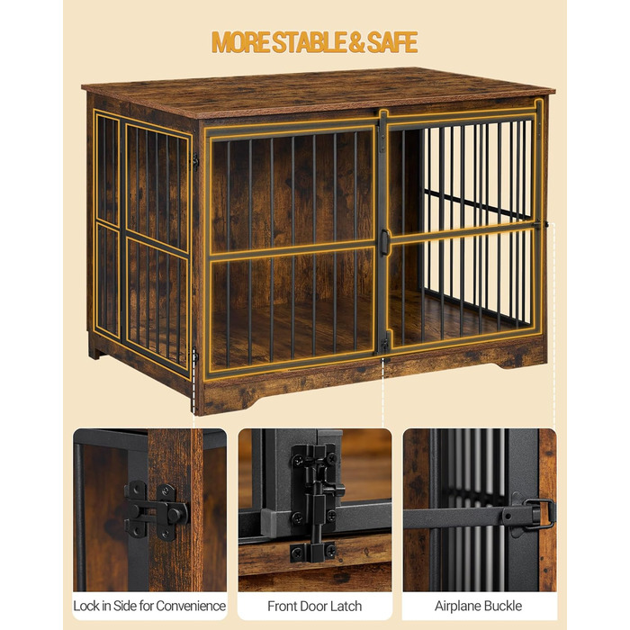 Клітка для собак Hzuaneri, 110 см, 2 двері, сучасний дизайн, для собак малих, середніх та великих порід (до 100 кг), з функцією приліжкового столика, посилена ковзна дверцята, 65 × 110 × 81 см, колір Vintage Brown, DFC84401B