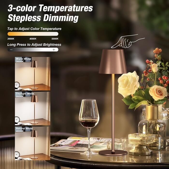 Набір з 2 бездротових настільних світильників LED з акумулятором, диммер сенсорний, 3 режими кольору, USB-C зарядка для спальні, столу, кемпінгу (Чорний)