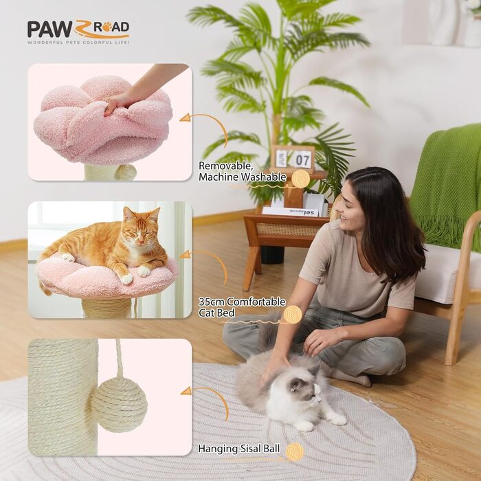 Flower Cat Tree - Small Cat Tree for Indoor Cats with Super Thick Scratching Post [Dia=14cm], Detachable Flower Cat Bed, Feather Ball - Pink