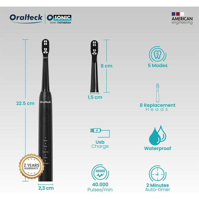 Звукова електрична зубна щітка OSONIC: 8 насадок, 5 режимів, відбілювання за 2 тижні, таймер, IPX8, для дорослих та дітей, USB-зарядка, чорна