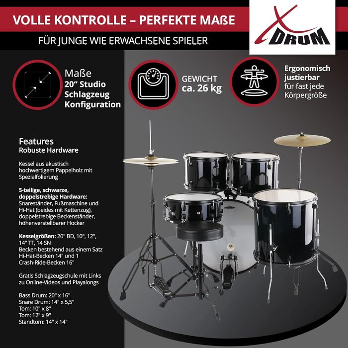 XDrum Rookie 20' Комплект барабанів для студії Black - Ідеальний для початківців - Стильне чорне обладнання - З паличками, інструкцією та школою барабанщиків