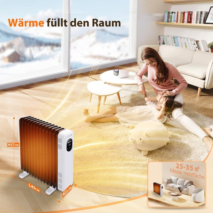 Електричний масляний радіатор Aigostar Snug X2 2500W з пультом керування, термостатом, 3 режимами, таймером, LED-дисплеєм, захистом від перекидання та перегріву