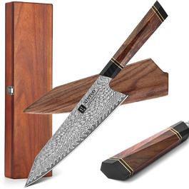 Японський ніж для кухні XINZUO Damaststahl 21.5 см, Kiritsuke, професійний, ручної роботи, з нержавіючої сталі Дамаск, дерев'яний потиск, магнітний чохол, подарункова коробка з акації