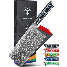 SANMUZUO Nakiri Messer 19 см - професійний ніж шеф-кухаря Дамаск, серія Xuan, VG10 сталь, ручка з епоксидної смоли (Dream Orange)