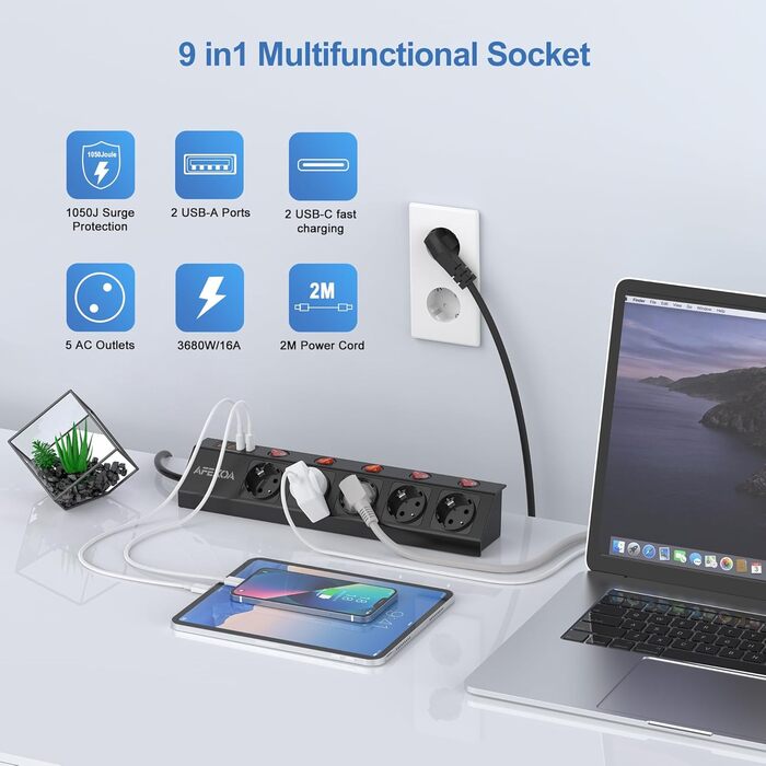 Многорозеткова смуга з 5 розетками та USB, біла, 3680W/16A, з USB-C та USB-A, швидка зарядка, захист від перенапруги, дитячий замок, для дому та офісу