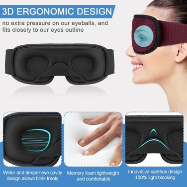 Маска для сну RIWISLL з 3D-контуром, 100% затемнення, регульований ремінь, комфортна, для жінок та чоловіків (червона/подорож)