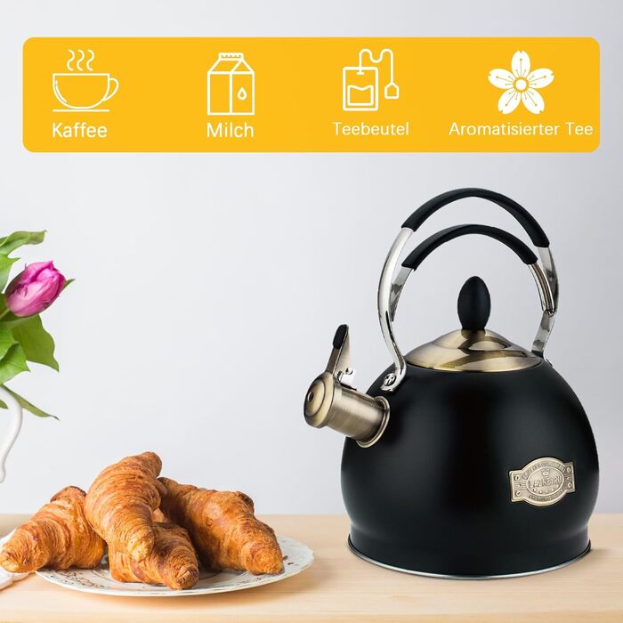 Півлітровий чайник-свисток з нержавіючої сталі з термостійкою ручкою, підходить для всіх типів плит, включаючи індукційну, чорний