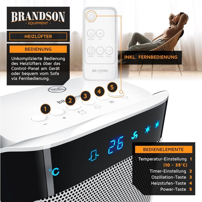 Brandson - Heater with Remote Control - Award-Winning - Energy-Saving, Quiet Ceramic Heater - Bathroom - Oscillation Function - Timer - Heater - GS Certified A: White Type 1