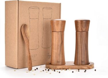 figg Salt and Pepper Grinder Wood Small (15.5 cm) - Set - Spice Grinder with Ceramic Grinder including Wooden Spoon and Wooden Coaster - Suitable as a Pepper and Salt Grinder
