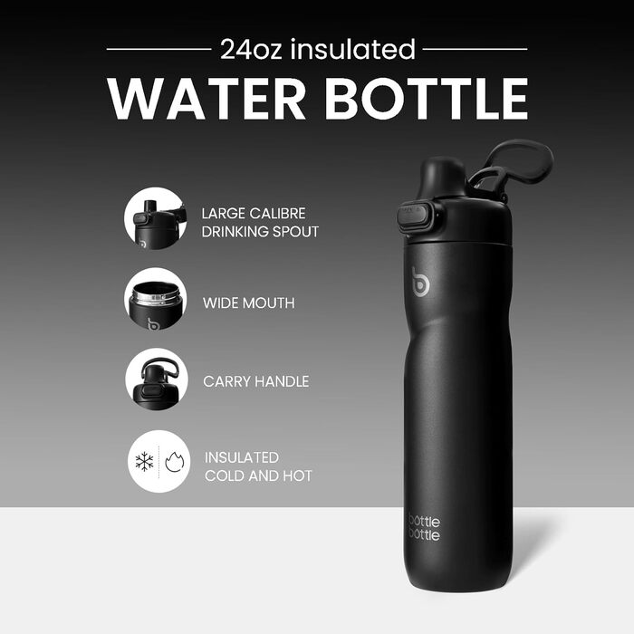 BOTTLE BOTTLE Insulated Water Bottle, 680 ml, with Handle and Flip-Top Lid, Bicycle Water Bottle, Push-Button Lid, Leak-Proof, Portable, for Travel, Sports, Riding, Green (Black)