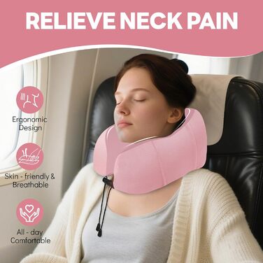 Подушка для шиї у літак - подушка для подорожей Memory Foam, ергономічна форма - подушка для шиї з маскою для сну, навушниками, сумкою - ідеальна для літака, подорожей, офісу, дому Рожева