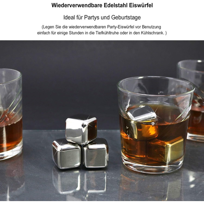 Набір для віскі Com-Four® з нержавіючої сталі: 12 кубиків льоду, мішечок для зберігання та подарункова коробка. Багаторазові кубики льоду для віскі, джину, тоніку та коньяку