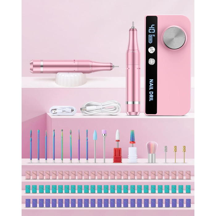 Електричний апарат для манікюру та педикюру з LCD-дисплеєм, 40000 об/хв, 15 насадок, рожевий. Для професійного та домашнього використання