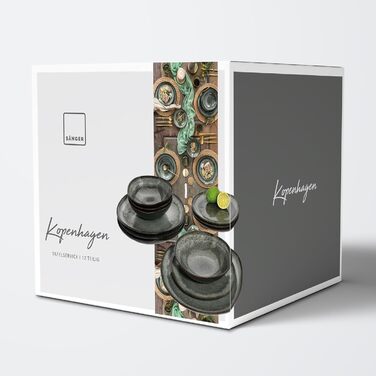 Singer | Copenhagen Coffee Mug Set, 4-Piece, Stoneware Coffee Cups for 4 People, Dishwasher-Safe Cups for Coffee, Tea & Hot Chocolate, Grey Coffee Pot with Green Accents, 300 ml | PREMIUM COLLECTION Coffee Cups, 4-Piece