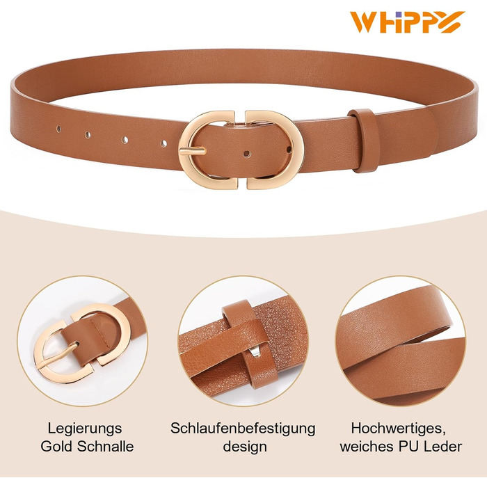 Жіночий шкіряний ремінь WHIPPY для джинсів, з золотою пряжкою. Розмір L (91-105 см), XL (106-115 см). Колір: B-brown