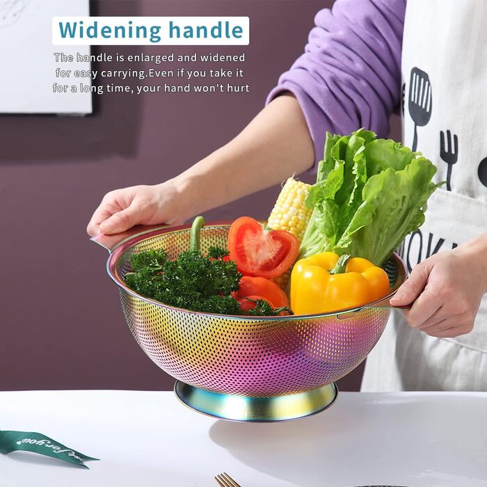 Ситечко Kyraton Gold Colander 5 Quart з нержавіючої сталі з покриттям з титану та золота, професійне, з міцними ручками та кільцем для самостійного зливу, легко миється, придатне для миття в посудомийній машині