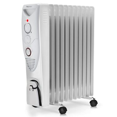 Електричний масляний радіатор Pro Breeze 2500W, обігрівач з 11 секціями, 3 режимами потужності, термостатом та таймером на 24 години, захист від перегріву та перекидання, білий