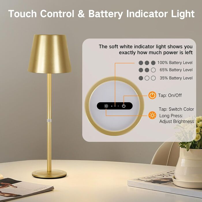 LED настільна лампа OUTON 2 шт. Бездротова, з регулюванням яскравості, 3 режими кольору, USB-C, IP54, 30 годин роботи, для дому та вулиці, чорний/золотий