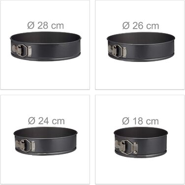 Набір форм для випічки Relaxdays, 4 шт., Ø 18/24/26/28 см, з антипригарним покриттям, до 220 °C, круглі, сірі