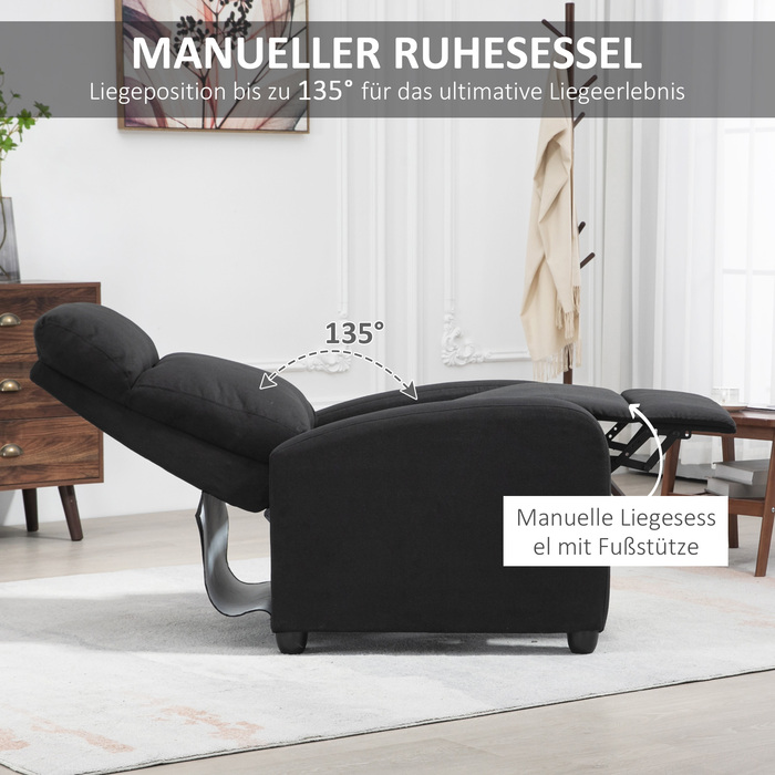 HOMCOM Reclining TV Chair with Lie-Flat Function, Linen-Look, Padded TV Chair with Footrest, for Living Room, Bedroom, Black | Aosom